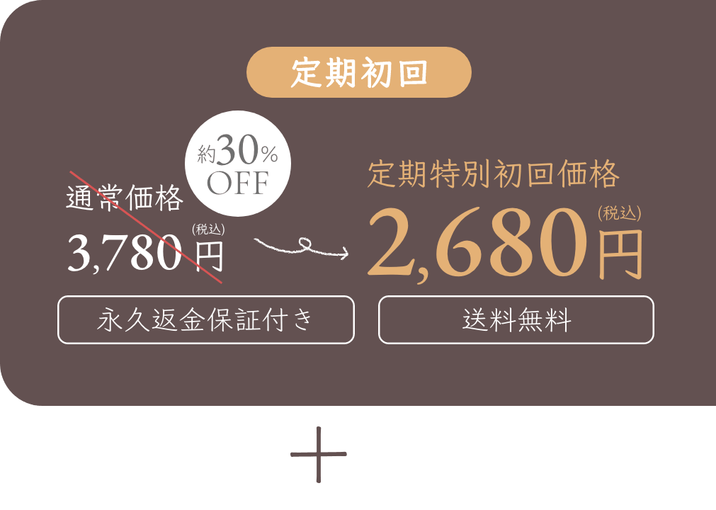 定期初回。通常価格3,780円から約30%OFF。定期特別初回価格2,680円税込。永久返金保証付き、送料無料。
